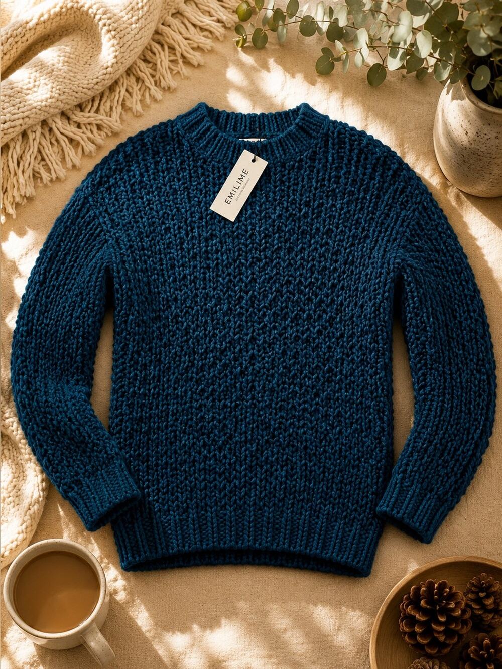 Emilime Handmade Peru 100% Wool Chunky Sweater Blue Artisan Size Medium/Large
